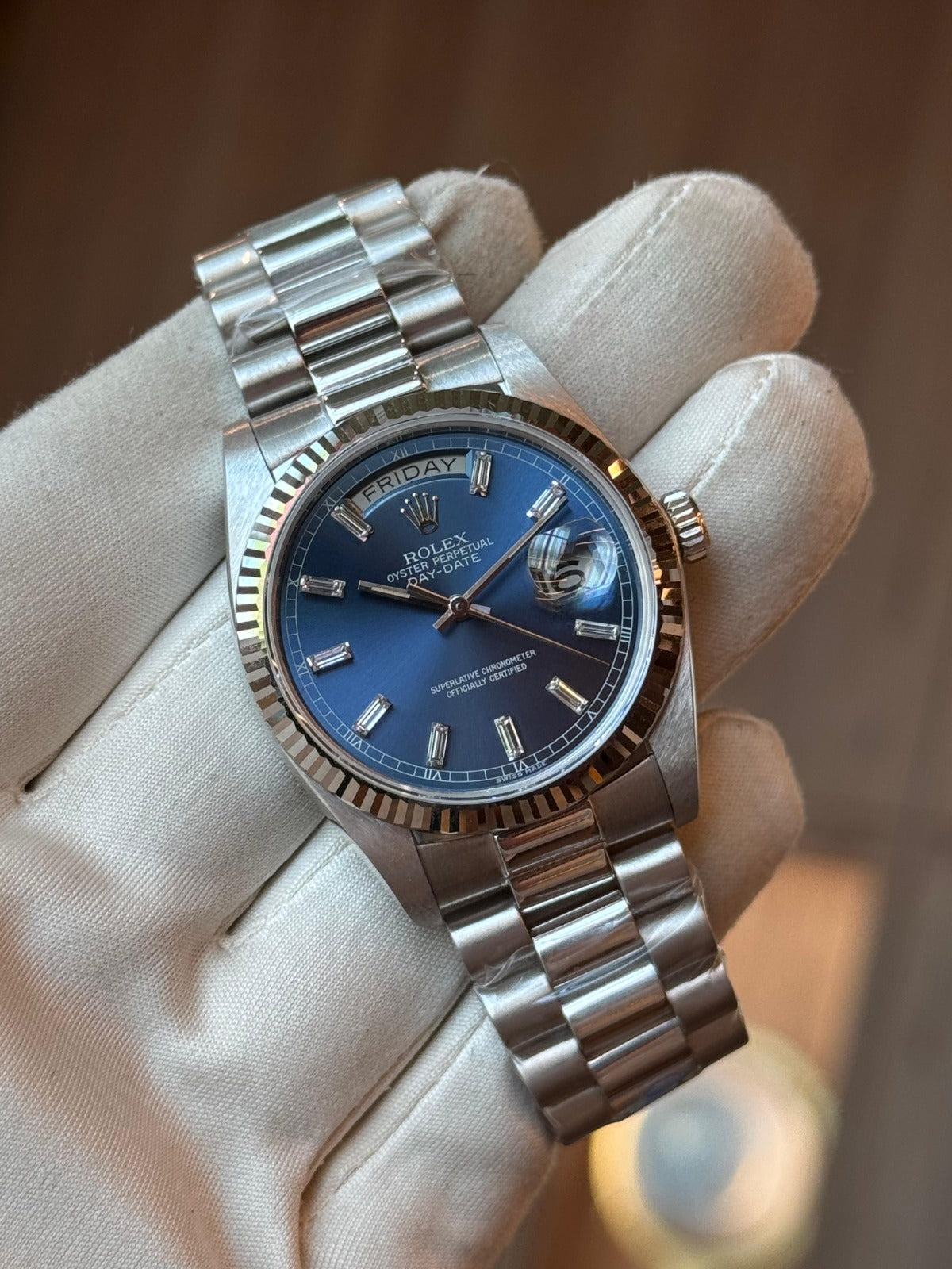 Rolex Day-Date 36mm WhiteGold Blue baguette Dial