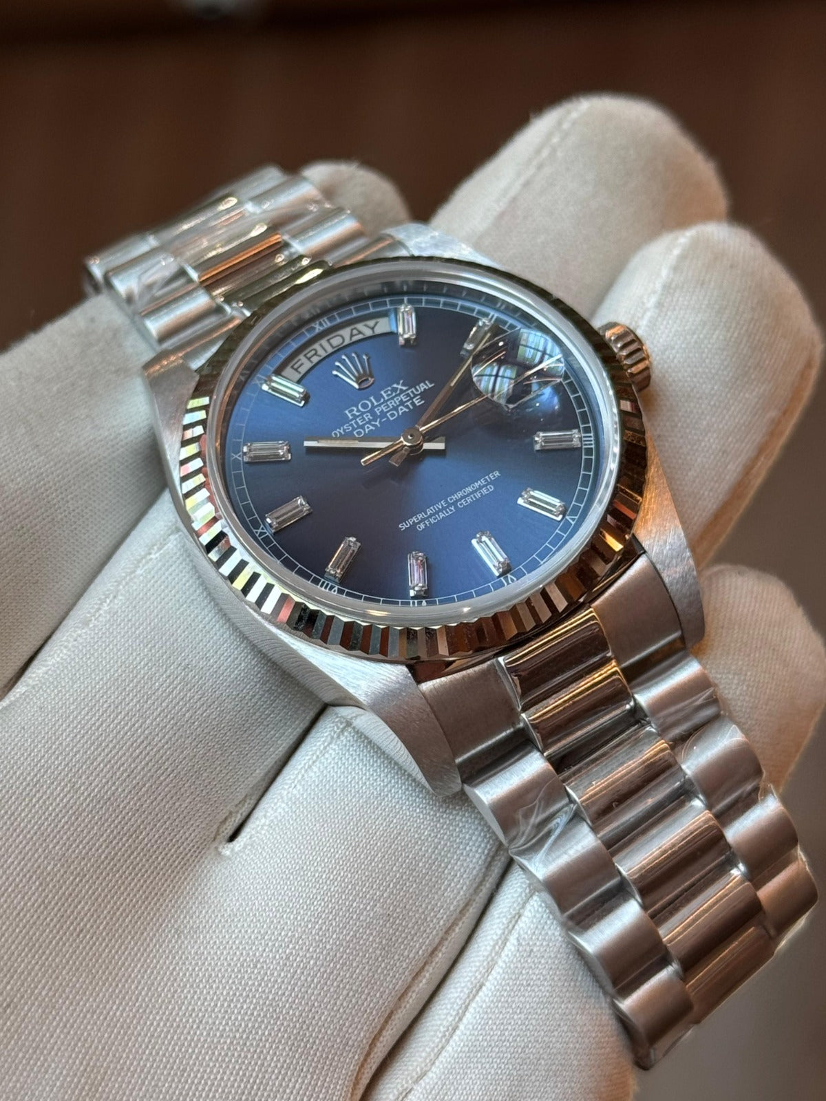 Rolex Day-Date 36mm WhiteGold Blue baguette Dial
