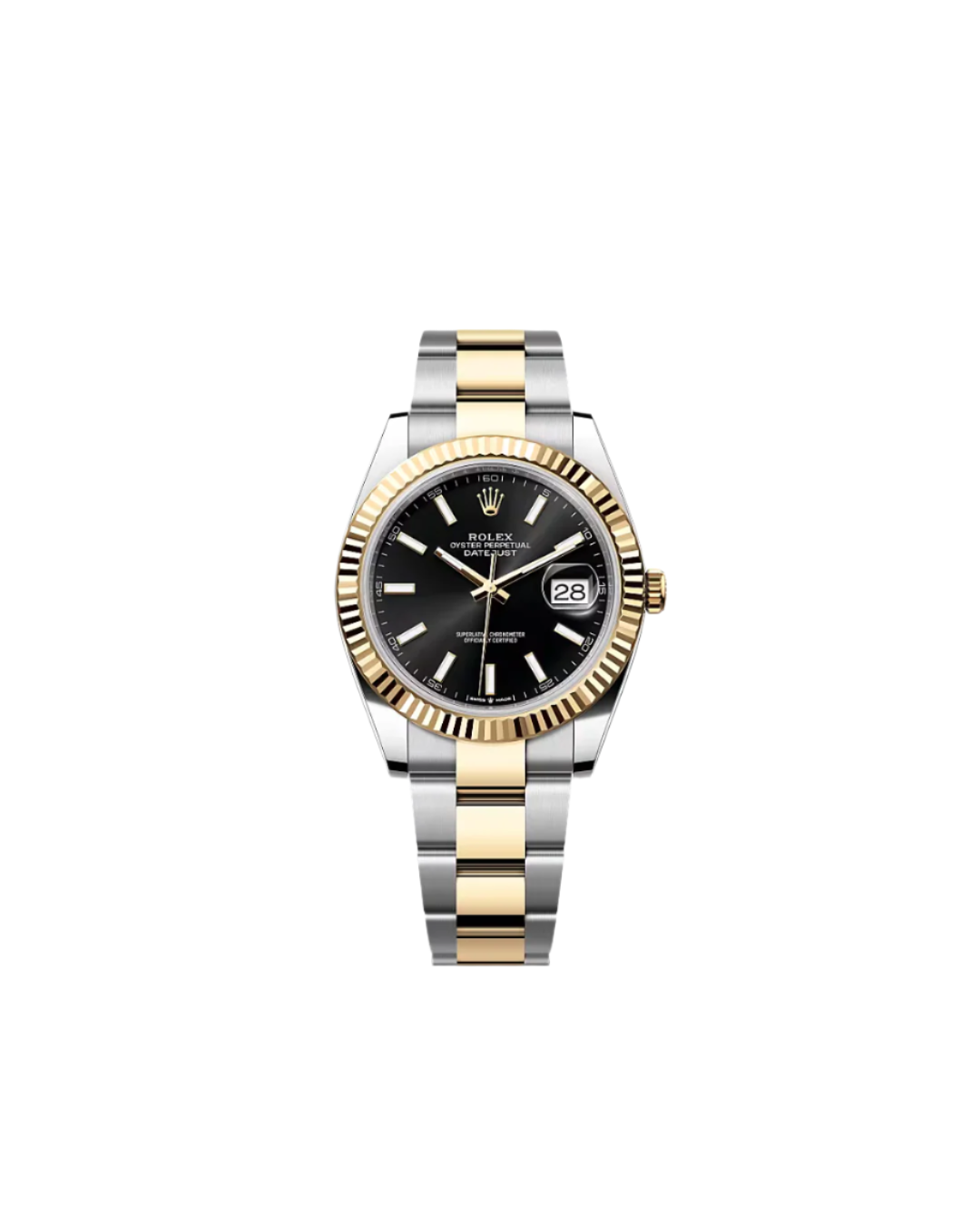 Two-tone watch with black face on a white background