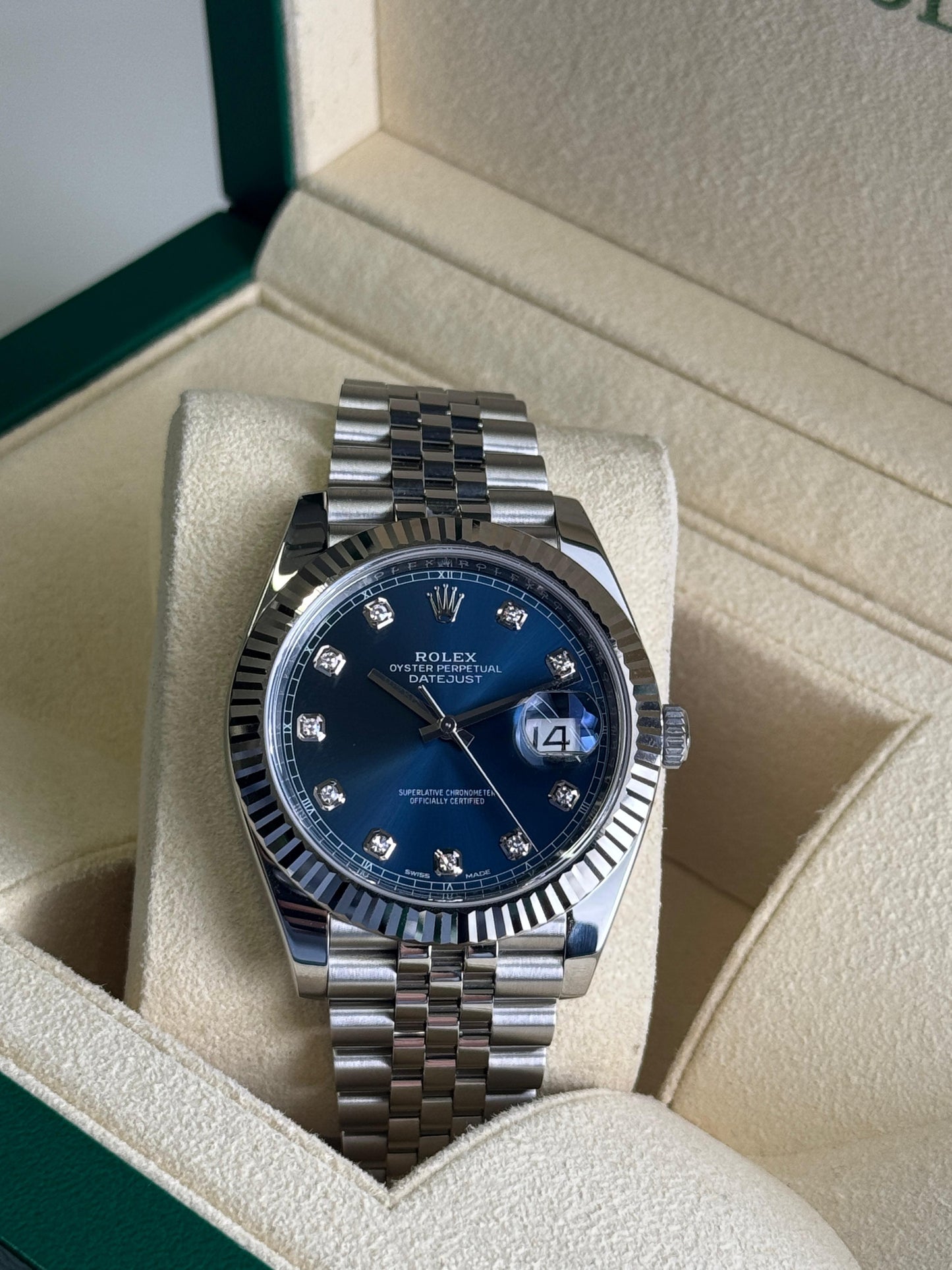 Rolex Datejust 41mm WhiteGold Bezel Blue diamond dial Jubilee 2017