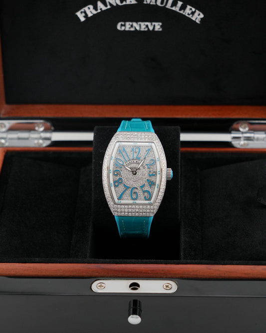 Franck Muller Vanguard 32mm Turquoise Blue afterset Full Pavé