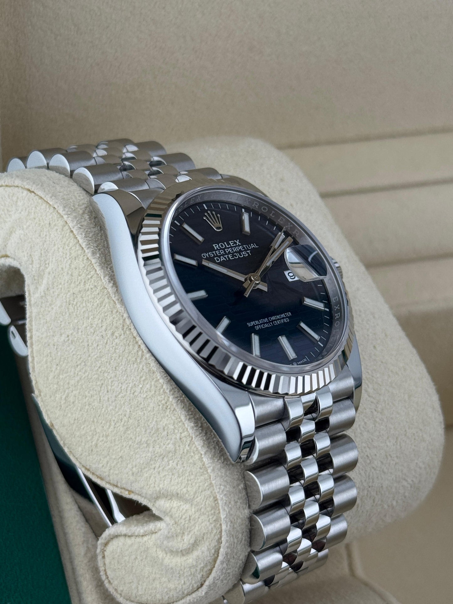 Rolex Datejust 36mm Fluted Bezel Blue Motif Dial Jubliee 2024
