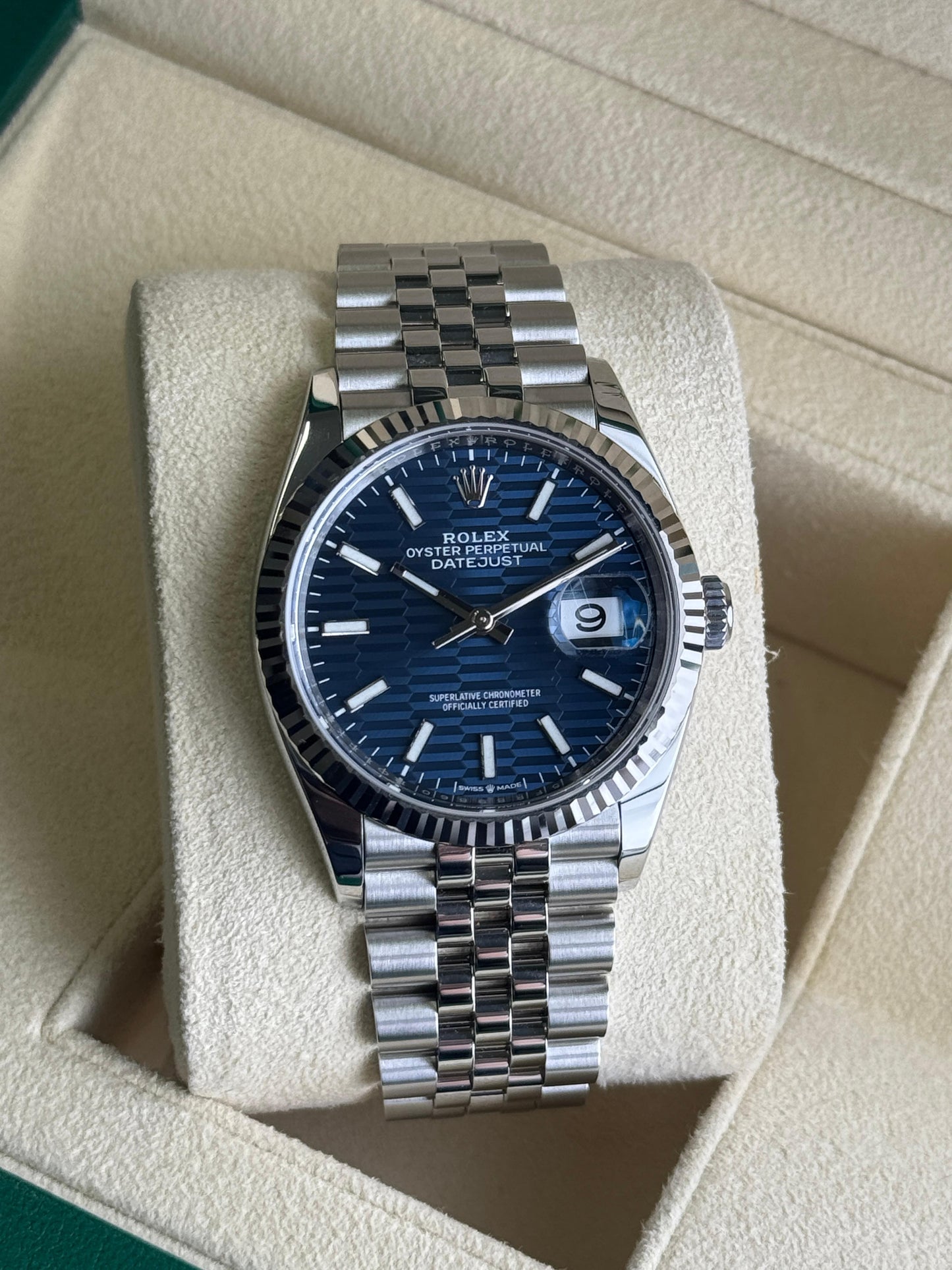 Rolex Datejust 36mm Fluted Bezel Blue Motif Dial Jubliee 2024