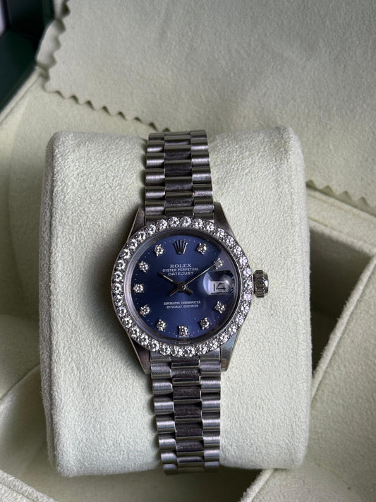 Rolex Datejust 26mm White Gold Diamond Bezel Blue Dial Presidential