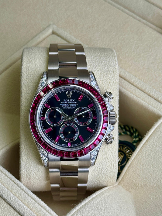 Rolex Cosmograph Daytona 40mm White Gold Ruby Diamonds Aftermarket 2022