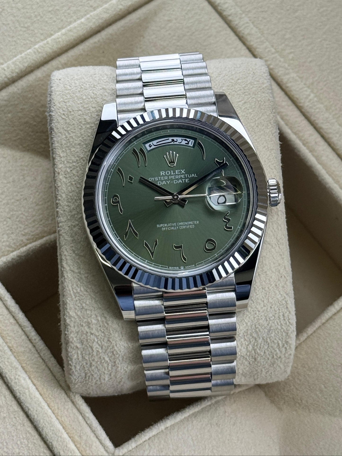 Rolex Day-Date 40mm President Platinum Green Arabic Dial 2025