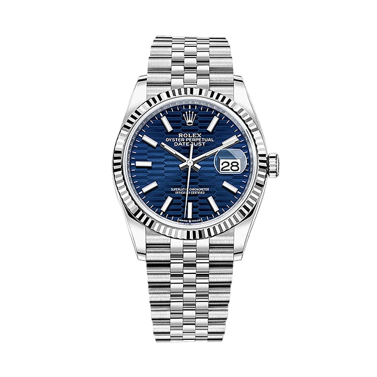 Rolex Datejust 36mm Fluted Bezel Blue Motif Dial Jubliee 2024