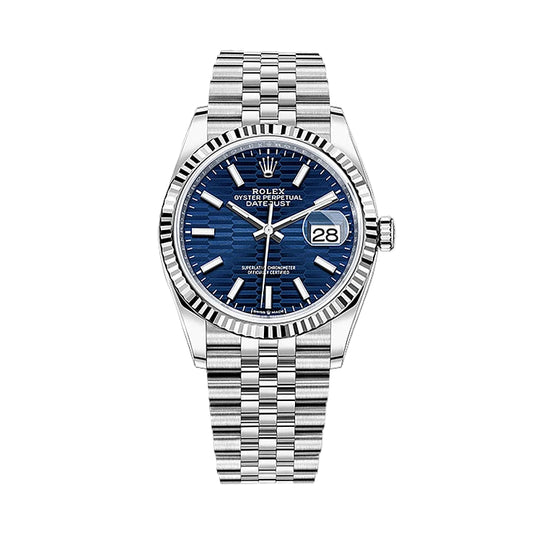 Rolex Datejust 36mm Fluted Bezel Blue Motif Dial Jubliee 2024