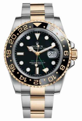 Two-tone Rolex watch with black dial on a white extended 
background