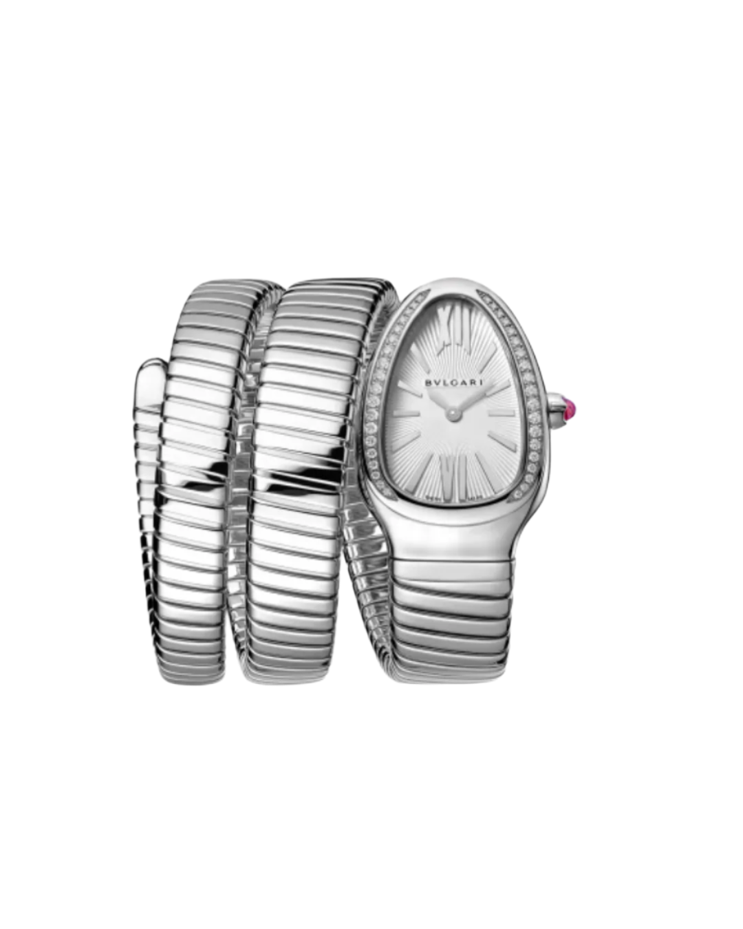 Silver watch with a textured band on a white background