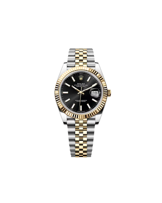Two-tone watch with black face on a white background