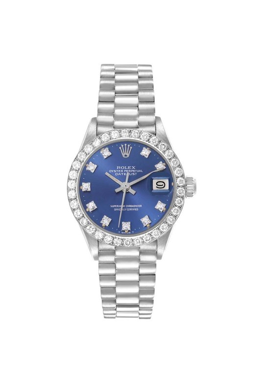 Rolex Datejust 26mm White Gold Diamond Bezel Blue Dial Presidential