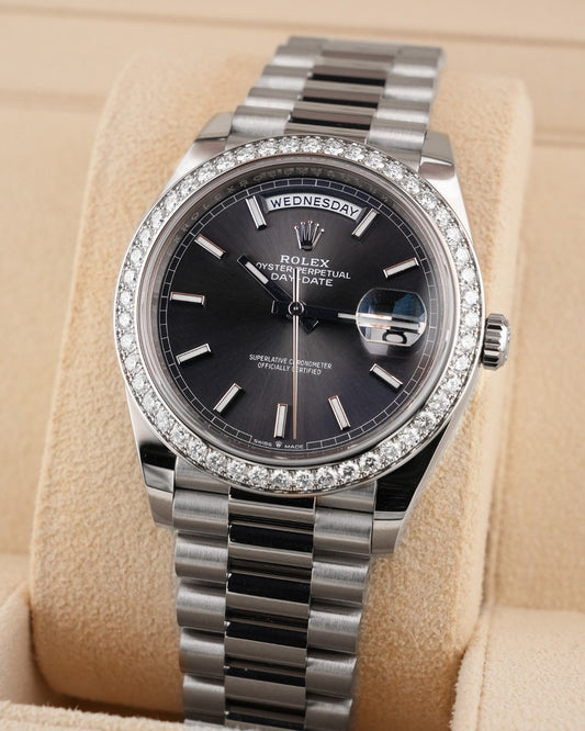 Rolex Day-Date 40mm 228349RBR White Gold Sunray Baguette Dial