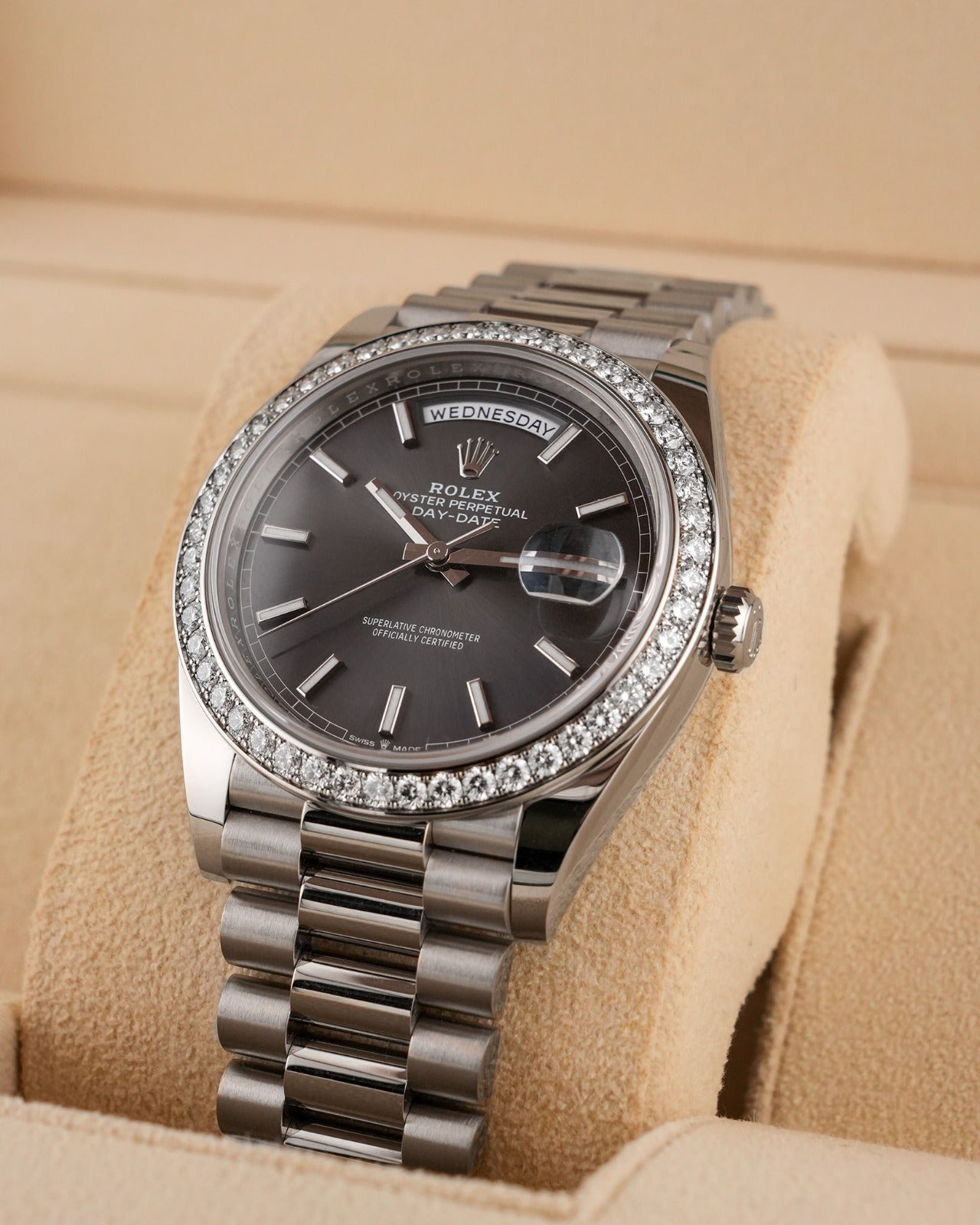 Rolex Day-Date 40mm 228349RBR White Gold Sunray Baguette Dial