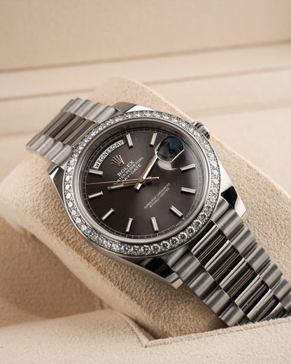 Rolex Day-Date 40mm 228349RBR White Gold Sunray Baguette Dial