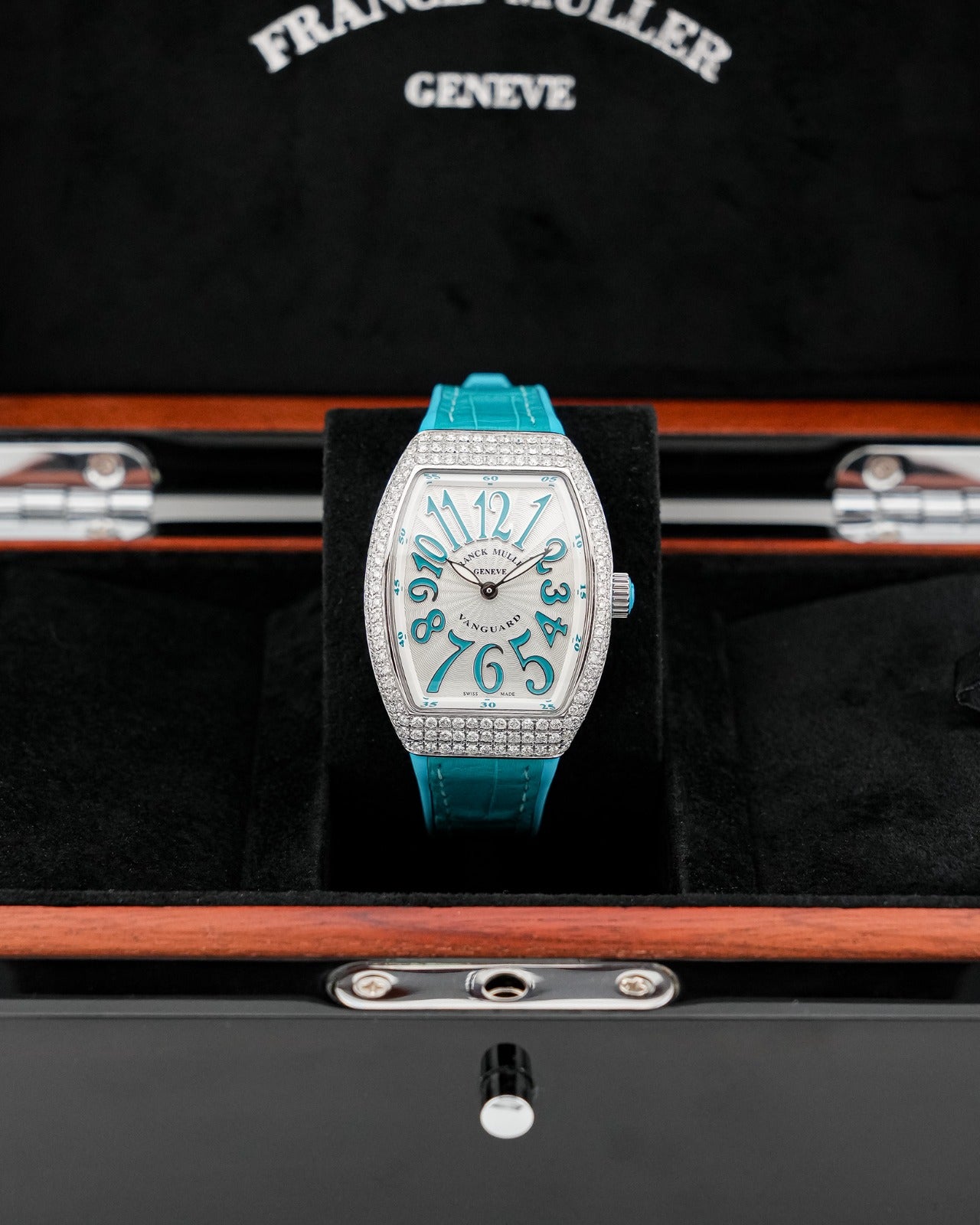 Franck Muller Vanguard 32mm Turquoise Blue Diamond afterset