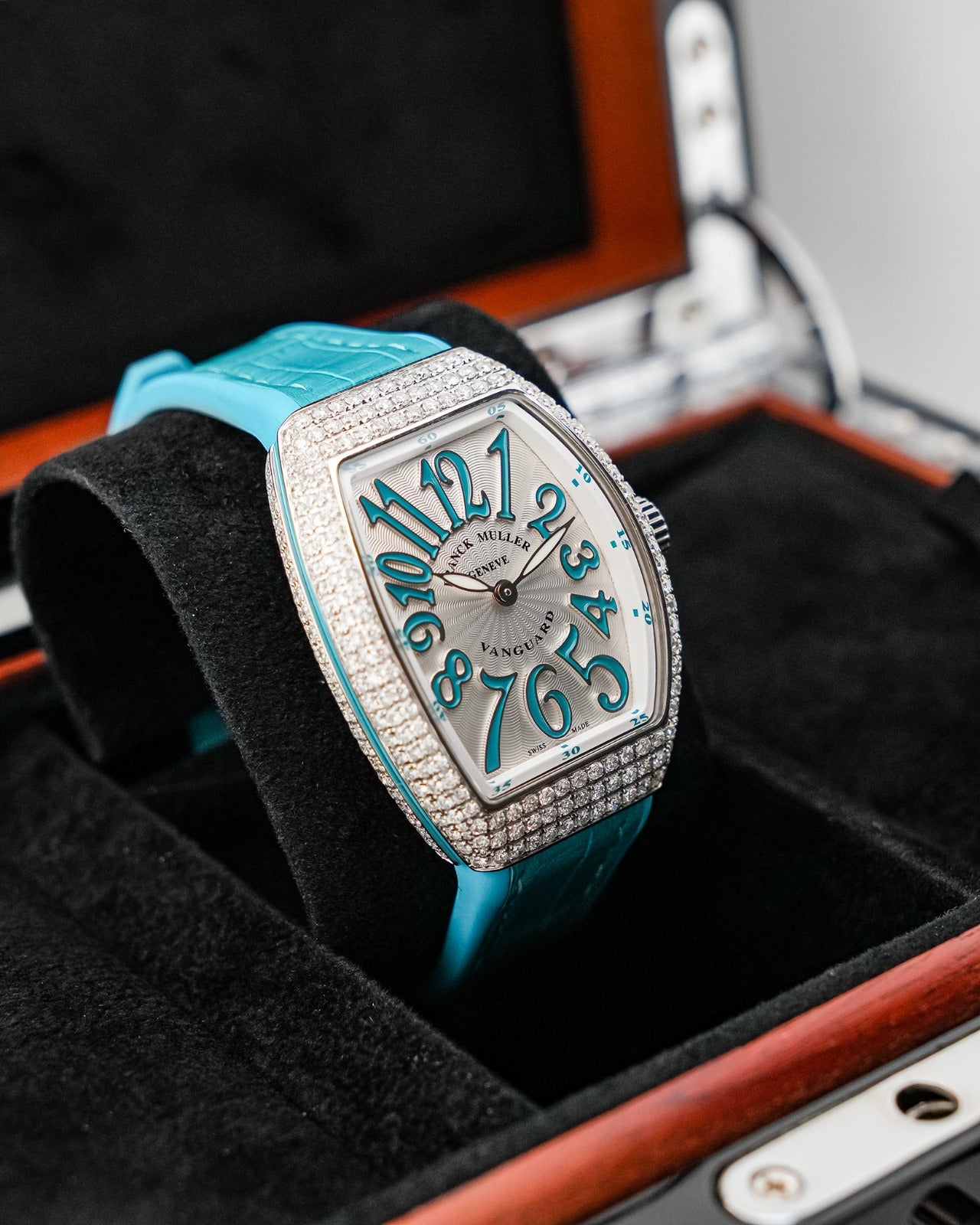 Franck Muller Vanguard 32mm Turquoise Blue Diamond afterset