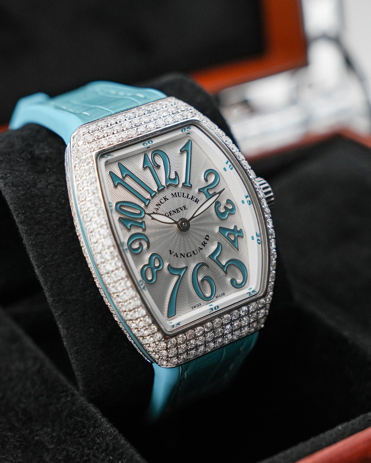 Franck Muller Vanguard 32mm Turquoise Blue Diamond afterset