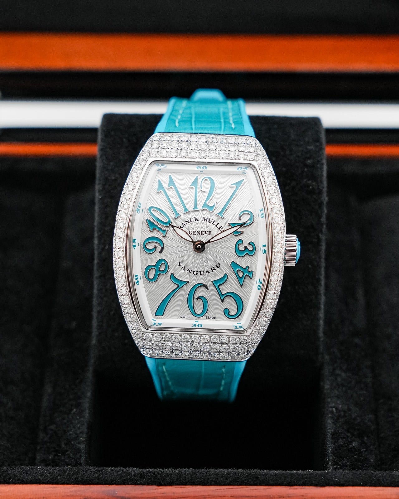 Franck Muller Vanguard 32mm Turquoise Blue Diamond afterset
