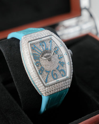 Franck Muller Vanguard 32mm Turquoise Blue afterset Full Pavé - HOURLY 