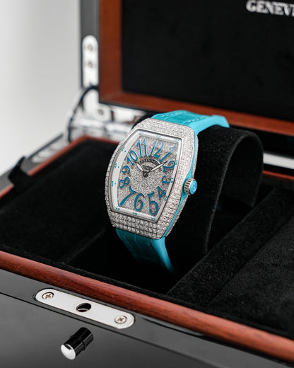 Franck Muller Vanguard 32mm Turquoise Blue afterset Full Pavé - HOURLY 