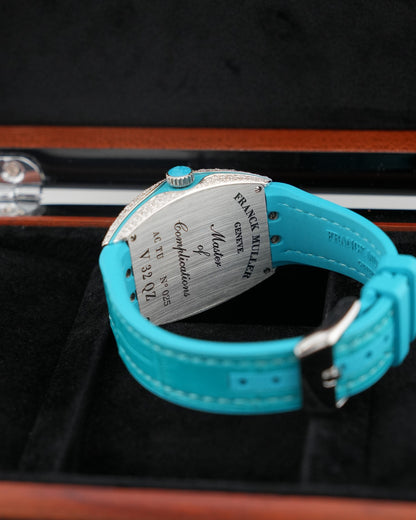 Franck Muller Vanguard 32mm Turquoise Blue afterset Full Pavé - HOURLY 