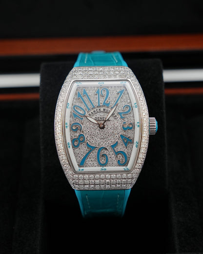 Franck Muller Vanguard 32mm Turquoise Blue afterset Full Pavé - HOURLY 