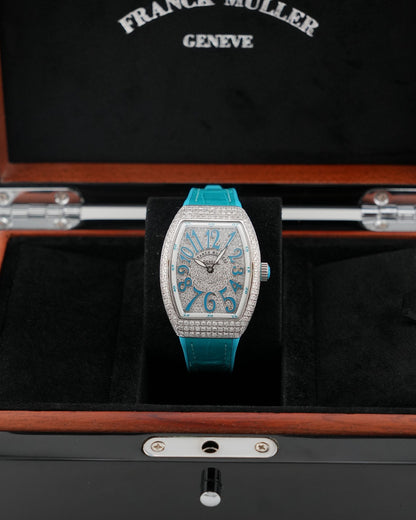 Franck Muller Vanguard 32mm Turquoise Blue afterset Full Pavé - HOURLY 