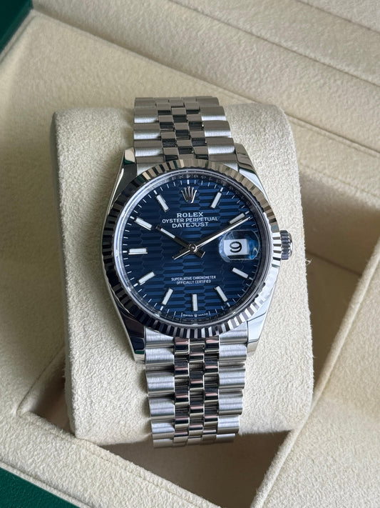 Rolex Datejust 36mm Fluted Bezel Blue Motif Dial Jubliee 2024