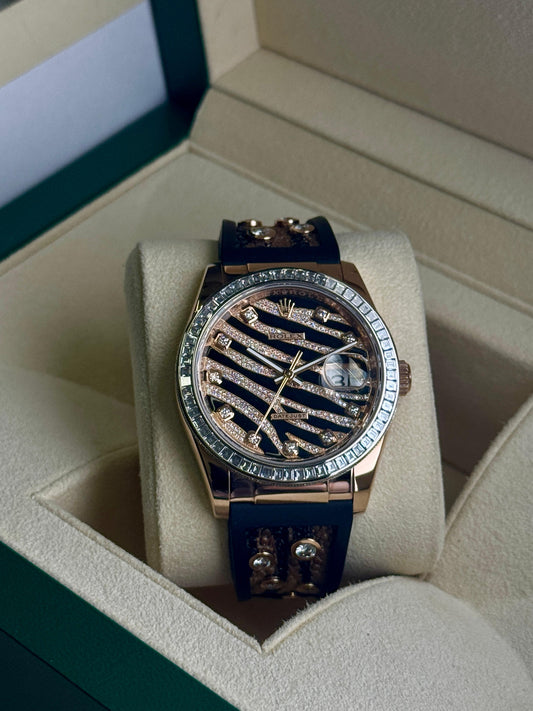 Rolex Datejust 36mm Rose Gold, Zebra Pave Diamond Dial