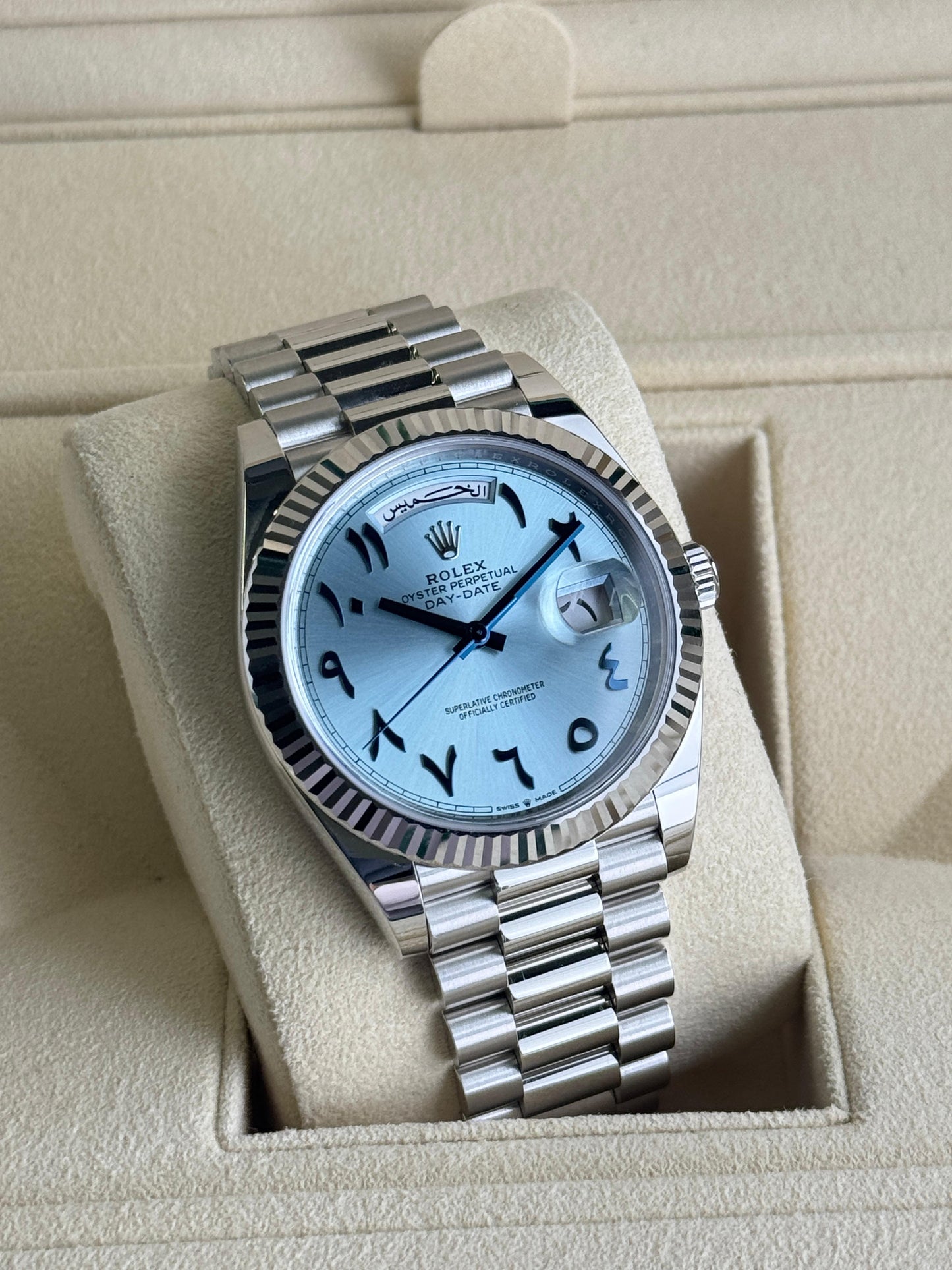 Rolex Day-Date 40mm Platinum Ice Blue Arabic Dial 2023