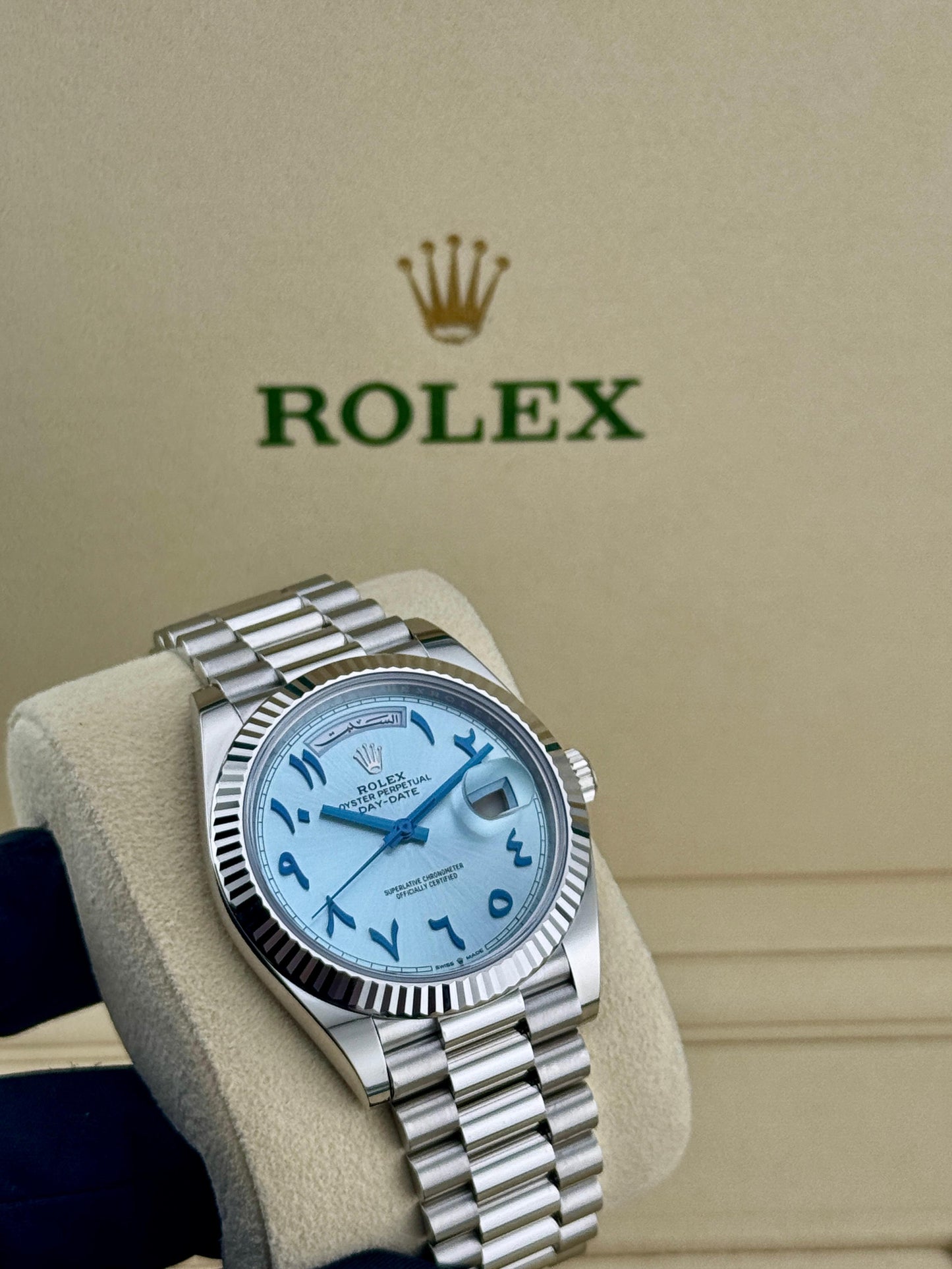 Rolex Day-Date 40mm Platinum Ice Blue Arabic Dial 2023