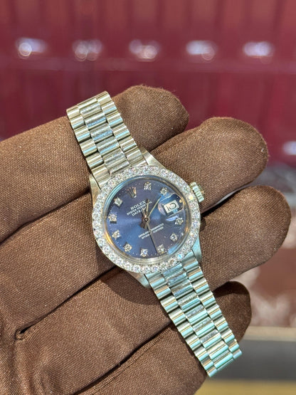 Rolex Datejust 26mm White Gold Diamond Bezel Blue Dial Presidential