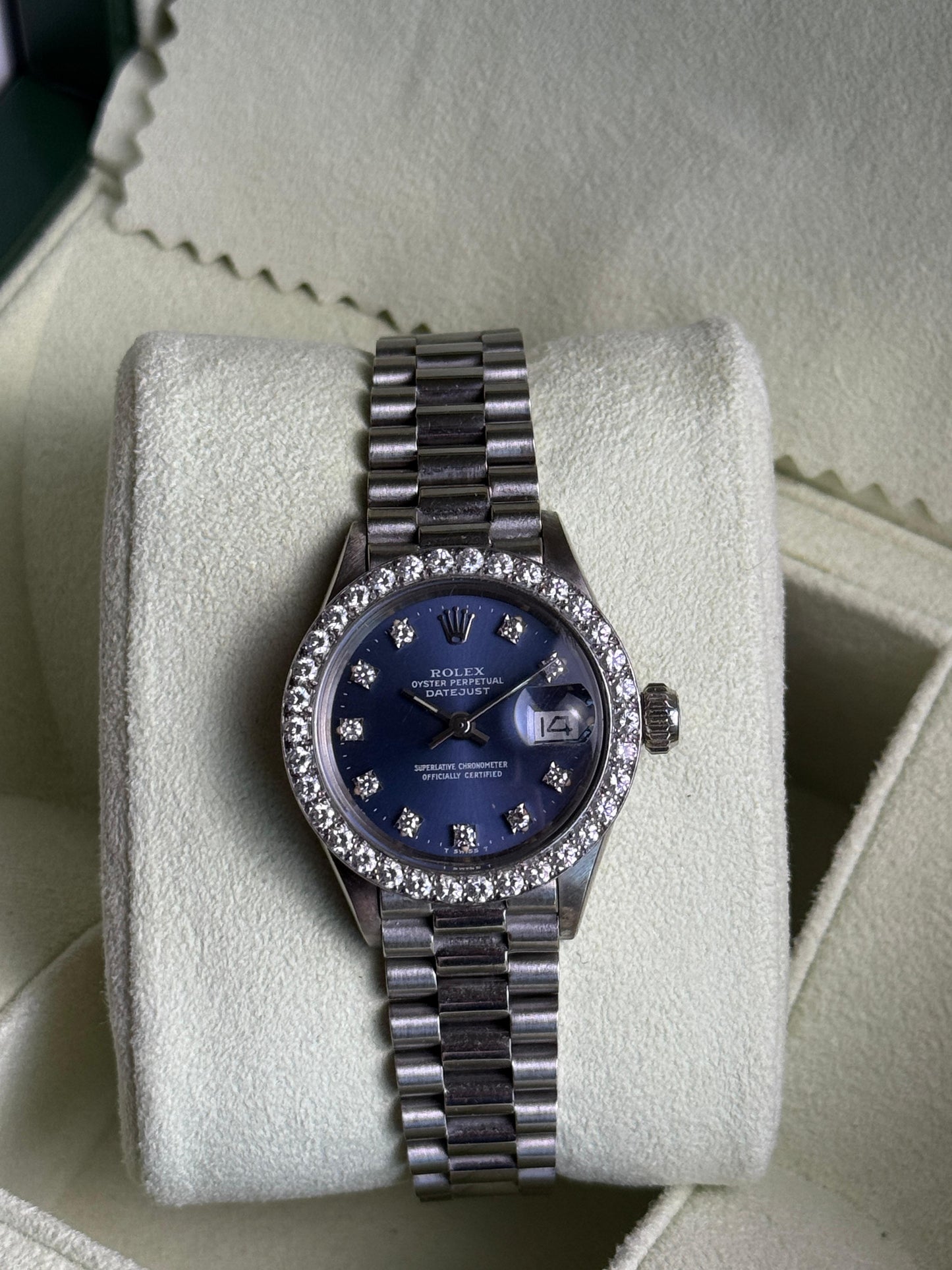 Rolex Datejust 26mm White Gold Diamond Bezel Blue Dial Presidential
