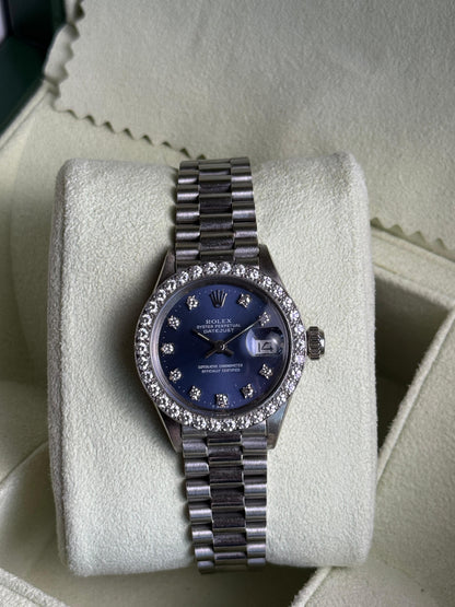 Rolex Datejust 26mm White Gold Diamond Bezel Blue Dial Presidential