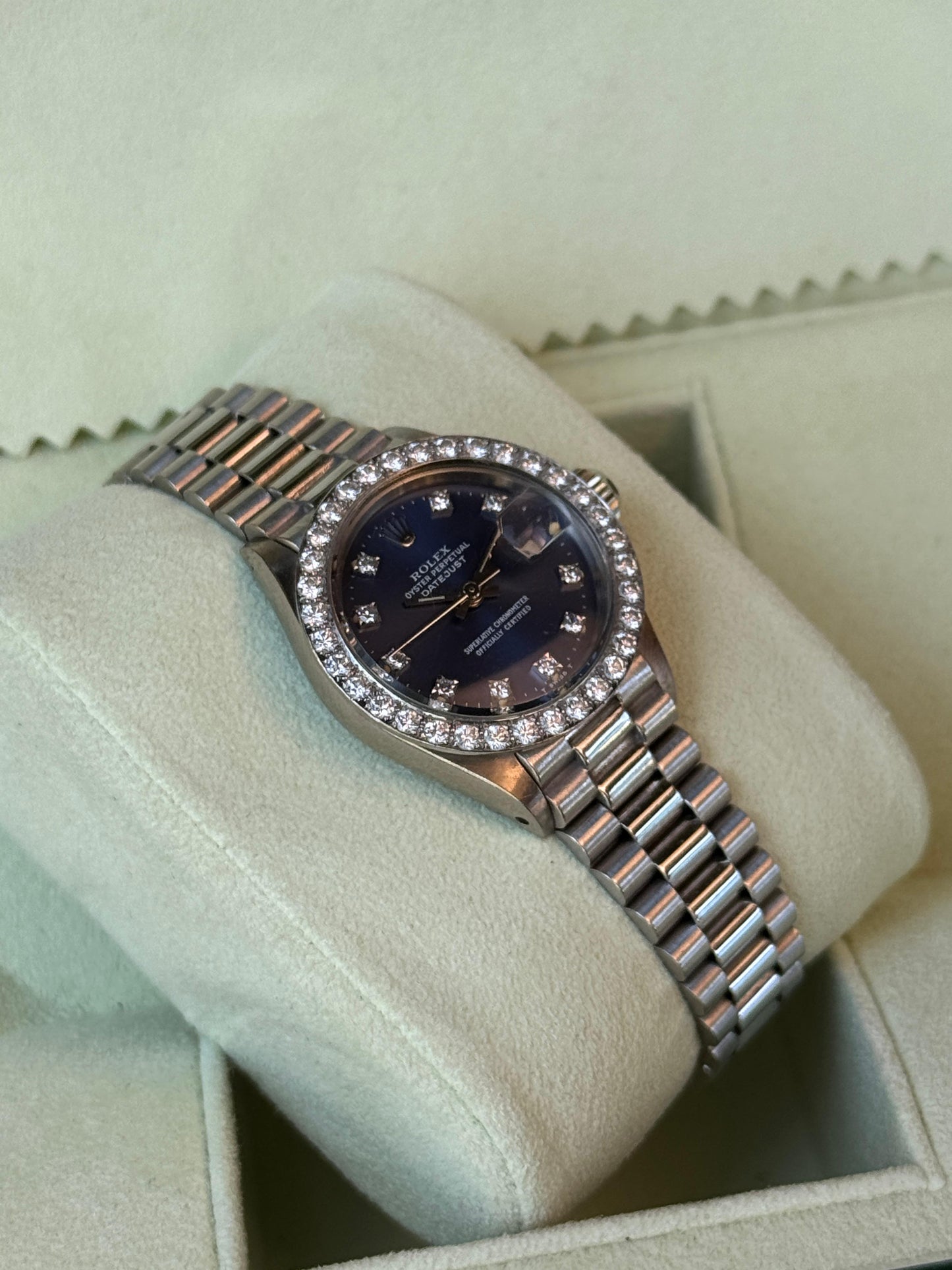 Rolex Datejust 26mm White Gold Diamond Bezel Blue Dial Presidential