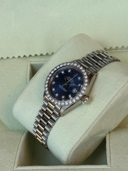 Rolex Datejust 26mm White Gold Diamond Bezel Blue Dial Presidential