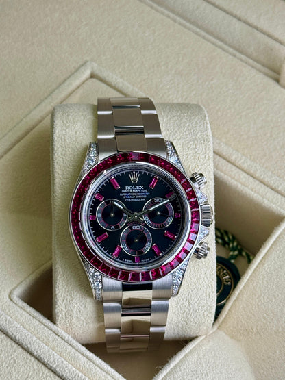 Rolex Cosmograph Daytona 40mm White Gold Ruby Diamonds Aftermarket 2022