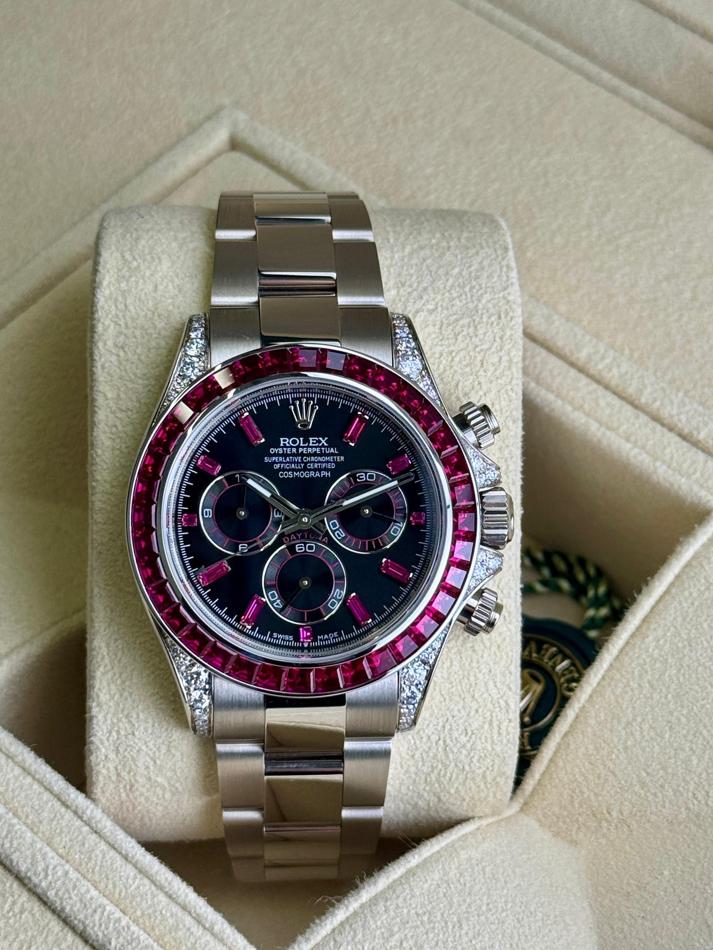 Rolex Cosmograph Daytona 40mm White Gold Ruby Diamonds Aftermarket 2022