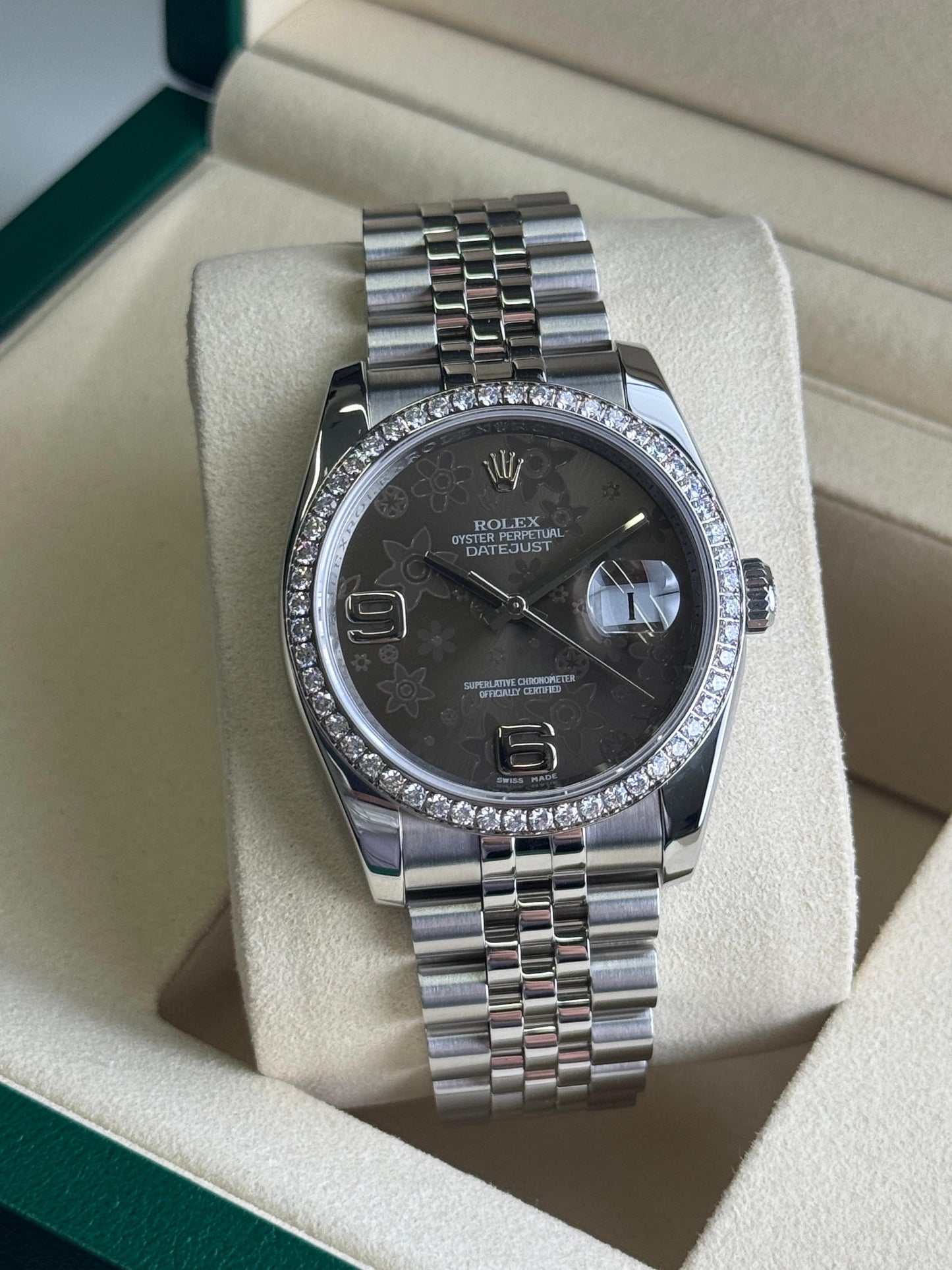 Rolex Datejust 36mm Rhodium Floral Dial Diamond Bezel