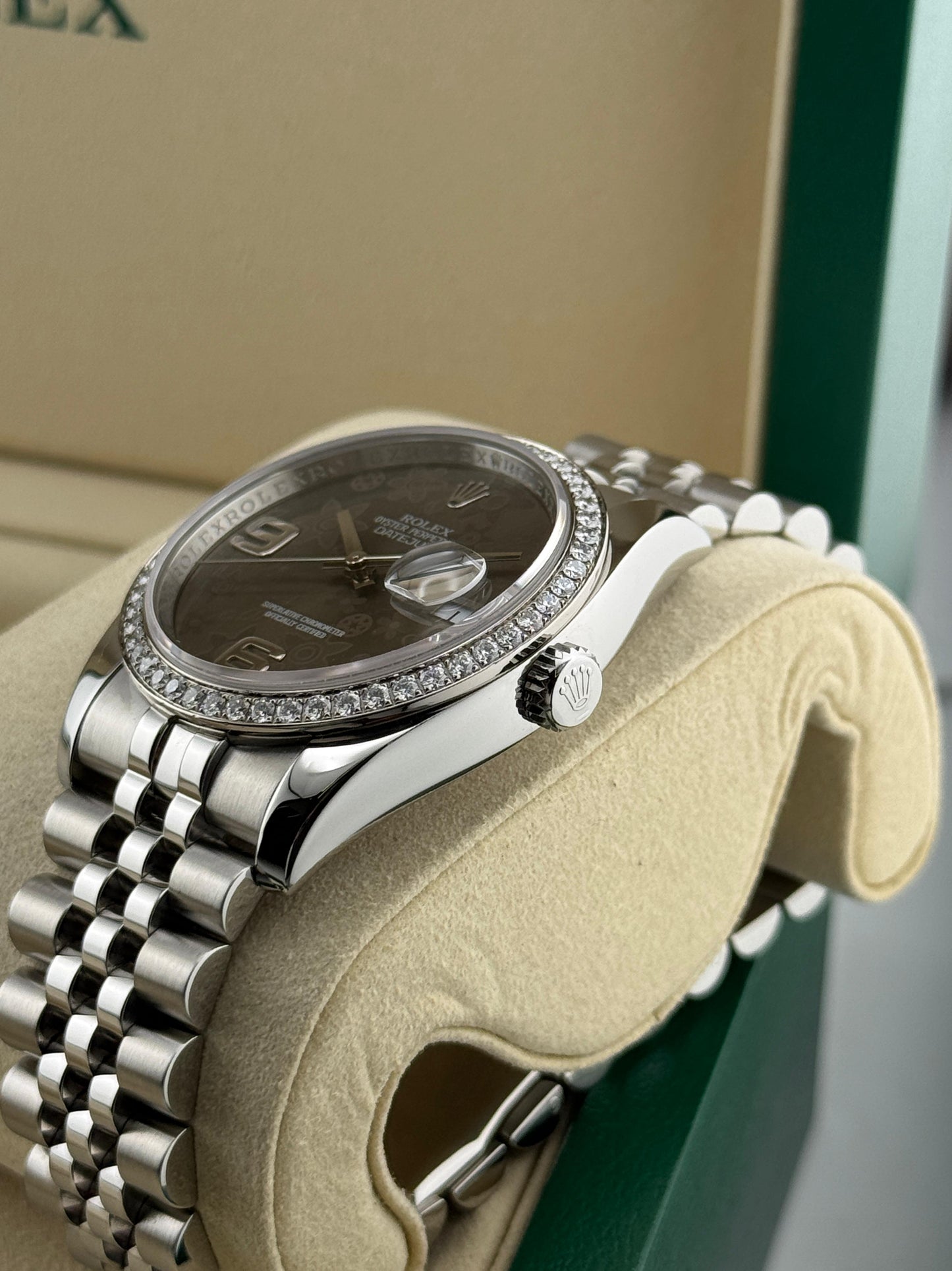 Rolex Datejust 36mm Rhodium Floral Dial Diamond Bezel