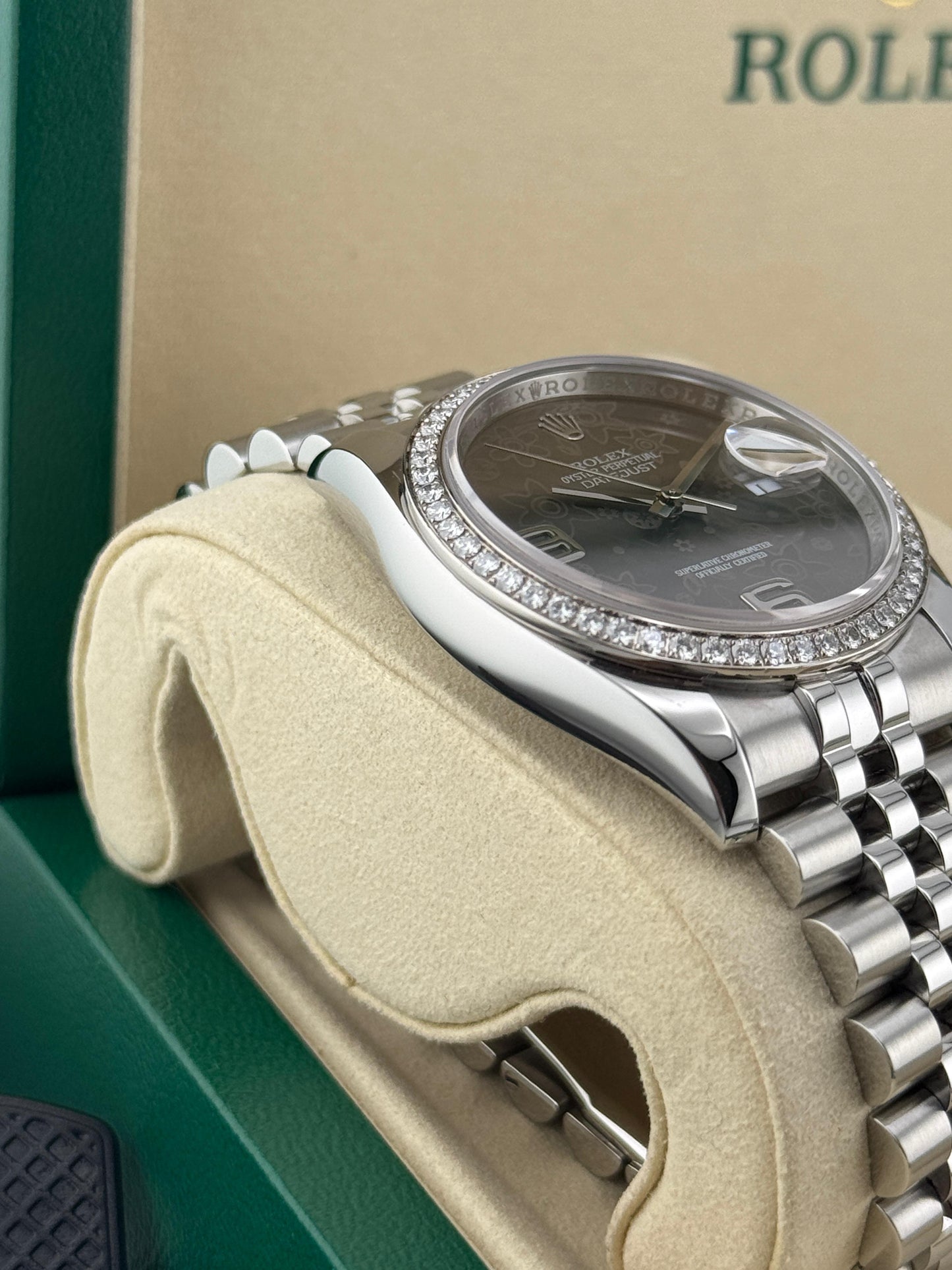 Rolex Datejust 36mm Rhodium Floral Dial Diamond Bezel