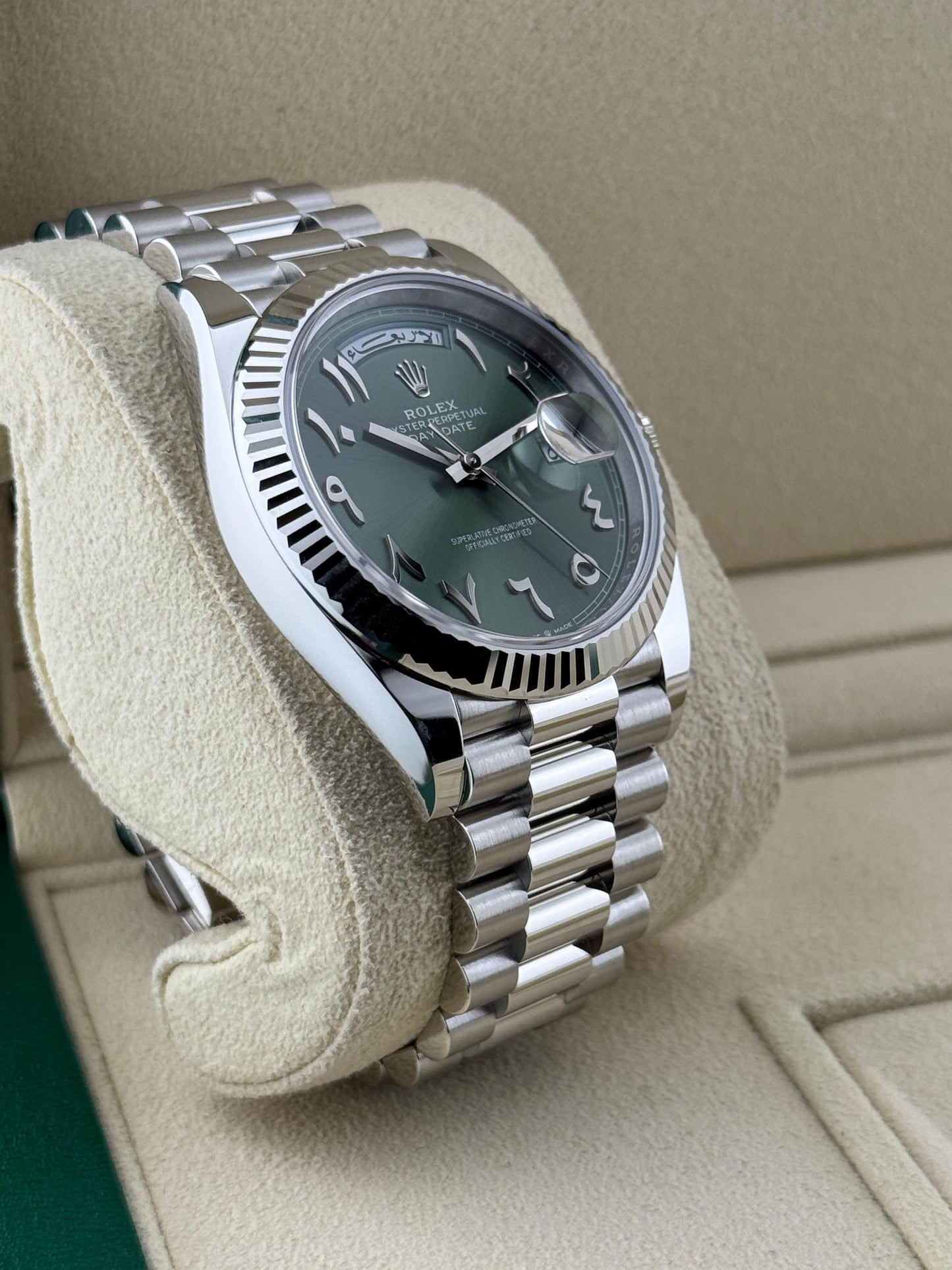 Rolex Day-Date 40mm President Platinum Green Arabic Dial 2025